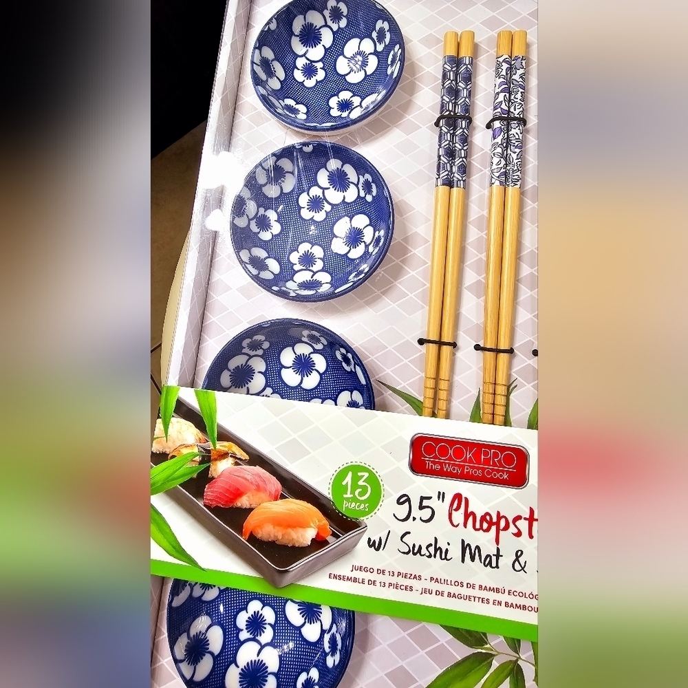 Cook Pro Bamboo 9.5" Sushi Chopstick Set with Blue Floral Dishes New - Picture 4 of 4